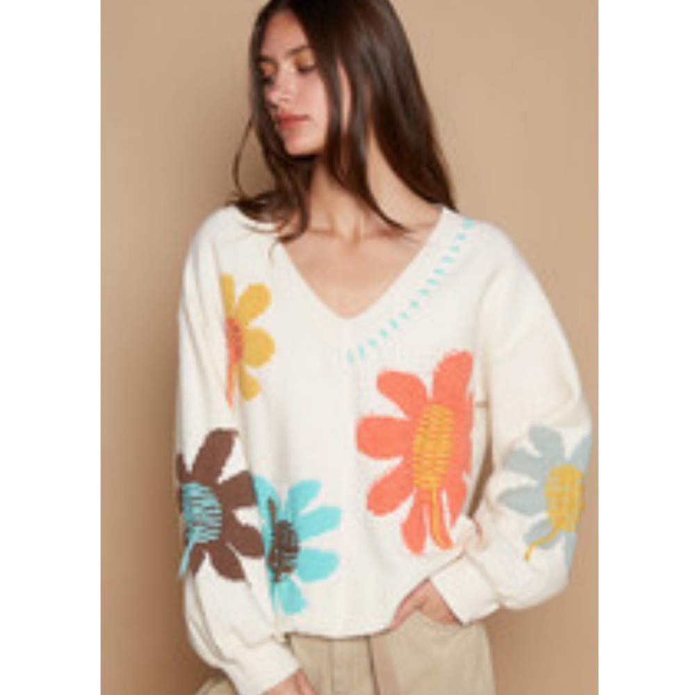 POL Floral V-Neck Sweater - Cream, Blue, Orange, Yellow, Brown